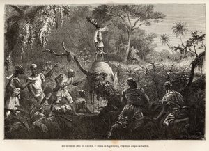 Abd es Samate, przyjaciel i porucznik Mounzy, króla Mombuttous, wyzywa swoich wrogów Zandów (lub niam niam), którzy wypowiedzieli im wojnę, ryciny według rysunku Laguillermie, ilustrującego podróż do serca Afryki, w 1868- 1871, przez