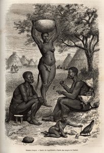 Rodzaje i działalność kobiet Bongos (Sudan Środkowy), z metalowymi zdobieniami, dzwoneczkami i zszywkami zakładanymi na uszy i usta, grawerowane według rysunku Laguillermie, ilustrującego podróż do serca Afryki w latach 1868-1871, autorstwa dr. Jerzy