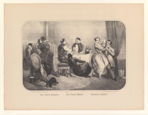Grupa kobiet i mężczyzn we wnętrzu Les maris garçons / Die freien Männer / Bachelor hubants (tytuł na obiekcie) autorstwa Frederic Charles Wentzel (possibly)