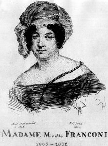 Cyrk: Eau forte autorstwa Frédérica Hillemachera, portret pani. Minette Franconi (1805-1832) - w „Cyrku Franconi”.