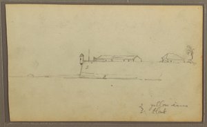 Rysunek, Fort; Verso: Szkice botaniczne, Dom, 1857 r. autorstwa Frederic Edwin Church