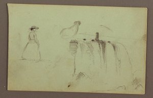 Rysunek przedstawiający idącą dziewczynę, przykucniętego kurczaka i wodospad American Falls na rzece Niagara, prawdopodobnie 1856 r. autorstwa Frederic Edwin Church