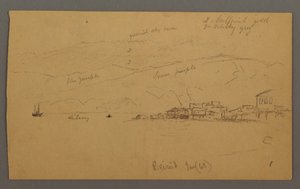 Rysunek, Zatoka z domami, góry z tyłu, styczeń 1868 r. autorstwa Frederic Edwin Church