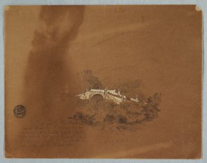 Rysunek, most na rzece Combeima w Ibaque, Kolumbia, 16 lipca 1853 r. autorstwa Frederic Edwin Church