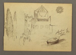 Rysunek, Zamek nad wodą, łódź, drzewa, prawdopodobnie 1868 r. autorstwa Frederic Edwin Church