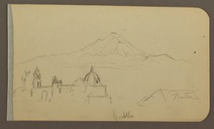 Rysunek, katedra, góra, Cuautla; Verso: dom, kościół, drzewo, Cuautla, luty 1885 r. autorstwa Frederic Edwin Church