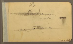 Rysunek, kościół, wieża, dom; Verso: pasmo górskie, 1889 r. autorstwa Frederic Edwin Church