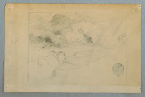 Rysunek, Odległy widok wybuchającego wulkanu Sangay, Ekwador, 1857-62 r. autorstwa Frederic Edwin Church