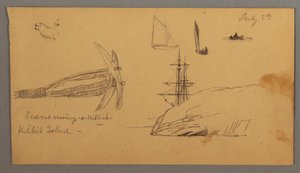 Rysunek, pies, żaglówka, kotwica, klify, prawdopodobnie 8 lipca 1859 r. autorstwa Frederic Edwin Church