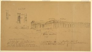 Rysunek, doryckie greckie świątynie Ateny (dawniej Ceres), Hery II (dawniej Neptuna) i Hery I (dawniej Bazyliki), Paestum, Salerno, Włochy, kwiecień 1869 r. autorstwa Frederic Edwin Church
