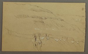 Rysunek, dolina El Yemen, Arabia: Skalna ściana z górną częścią przypominającą rząd kolumn, 20 lutego 1868 r. autorstwa Frederic Edwin Church