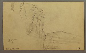 Rysunek, dolina El Yemen, Arabia: Skalna ściana z górną częścią przypominającą rząd kolumn, 20 lutego 1868 r. autorstwa Frederic Edwin Church