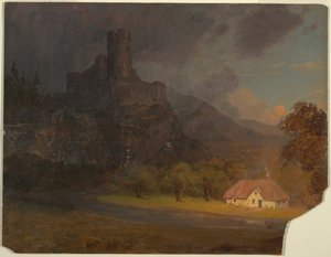 Rysunek, Angielski zamek i domek, ok. 1844 r. autorstwa Frederic Edwin Church