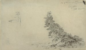 Rysunek, Wiecznie zielone drzewo w pobliżu brzegu ze szczegółami latarni morskiej i domu, Mount Desert, Maine, lipiec 1850 r. autorstwa Frederic Edwin Church