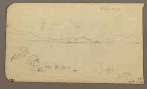 Rysunek, postać i wóz z wołem, drzewo cyprysowe; Verso: Widok na jezioro Cuitzeo, styczeń 1885 r. autorstwa Frederic Edwin Church