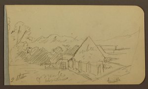 Rysunek, ogród, dom, Cuautla; Verso: kościół, stodoła, Cuautla, luty 1885 r. autorstwa Frederic Edwin Church