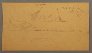 Rysunek, port, żaglówki, góry, 21 czerwca 1859 r. autorstwa Frederic Edwin Church