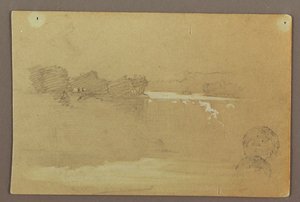 Rysunek, Hennequin Point i wodospad American Falls, rzeka Niagara, prawdopodobnie 1856 r. autorstwa Frederic Edwin Church