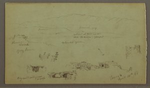 Rysunek, pasmo wzgórz po drugiej stronie równiny, ruiny, 28 kwietnia 1868 r. autorstwa Frederic Edwin Church