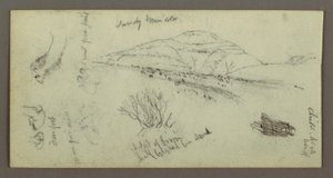 Rysunek, wzgórze, krzewy, postać, studium wielbłąda, prawdopodobnie 1868 r. autorstwa Frederic Edwin Church