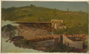 Rysunek przedstawiający wzgórze z wiaduktami i zrujnowanymi młynami w pobliżu Catskill w stanie Nowy Jork, ok. 1865 r. autorstwa Frederic Edwin Church