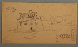 Rysunek, Dom z ruinami Hlaf w dolinie, dwie postacie, 1868 r. autorstwa Frederic Edwin Church