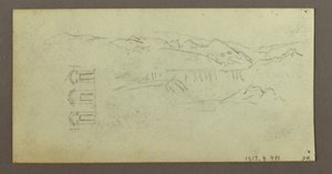 Rysunek, koń, postać od tyłu, drzewa, prawdopodobnie 1868 r. autorstwa Frederic Edwin Church