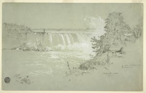 Rysunek przedstawiający wodospad Horseshoe Falls i wyspę Goat Island z Canadian Bank, 6 października 1856 r. autorstwa Frederic Edwin Church