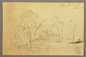 Rysunek, Dom w lesie nad strumieniem, kwiecień 1845 r. autorstwa Frederic Edwin Church