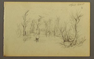 Rysunek, staw Htakie (), dwie osoby w kajaku, 1845 r. autorstwa Frederic Edwin Church