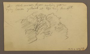 Rysunek, krajobraz, domy; Verso: wierzchołek drzewa, luty 1885 r. autorstwa Frederic Edwin Church