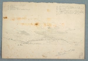 Rysunek, Krajobraz w dolinie Hudson; verso: Szkic kościoła z nawami drzew, 14 czerwca 1870 r. autorstwa Frederic Edwin Church