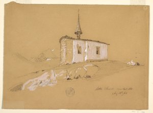 Rysunek "Mały kościółek w pobliżu Bel Arp", Alpy Berneńskie, Szwajcaria, 28 sierpnia 1868 r. autorstwa Frederic Edwin Church