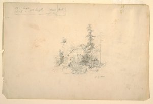 Rysunek, Chata z bali otoczona drzewami, lipiec 1844 r. autorstwa Frederic Edwin Church