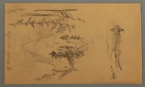 Rysunek, mężczyzna w łodzi, Rocky Peak over Pines, prawdopodobnie 1868 r. autorstwa Frederic Edwin Church