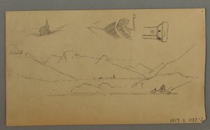 Rysunek, średniowieczny zamek, dwie wieże, studium postaci, niedaleko Thun, prawdopodobnie 1868 r. autorstwa Frederic Edwin Church