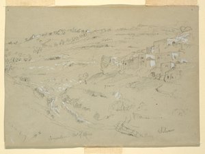 Rysunek, Góra Oliwna, Betania, Siloam i Jerozolima, Palestyna [Betania i Silwan, Jerozolima Wschodnia i Jerozolima, Izrael], 7 i 10 lutego 1868 r. autorstwa Frederic Edwin Church