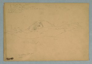 Rysunek przedstawiający szczyt górski, prawdopodobnie Chimborazo, wznoszący się nad trzema kolejnymi pasmami górskimi, Ekwador, 1857 r. autorstwa Frederic Edwin Church