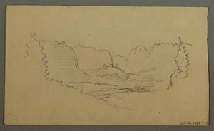 Rysunek, Szczyty górskie, przydrożna kapliczka, sierpień 1868 r. autorstwa Frederic Edwin Church