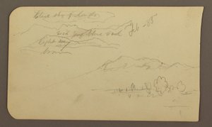 Rysunek, pasma górskie, Cuautla, kościół; Verso: Przyczajony koń, notatki krajobrazowe, luty 1885 r. autorstwa Frederic Edwin Church