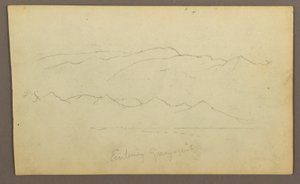 Rysunek, pasma górskie "wchodzące do Guayaquil"; Verso: brzeg rzeki, szkice botaniczne, prawdopodobnie 1857 r. autorstwa Frederic Edwin Church