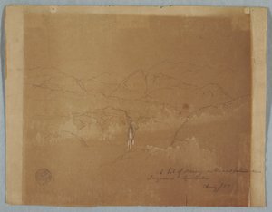 Rysunek, Krajobraz górski z wodospadem, niedaleko Tuquerres, Kolumbia, sierpień 1853 r. autorstwa Frederic Edwin Church