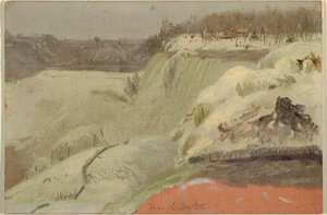 Rysunek Wodospad Niagara w śniegu widziany z Koziej Wyspy, 1856 r. autorstwa Frederic Edwin Church
