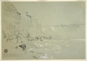 Rysunek przedstawiający wodospad Niagara z wieżą Terrapin, 1856 r. autorstwa Frederic Edwin Church