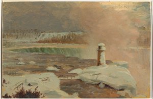 Rysunek, rzeka Niagara i wodospad w śniegu, marzec 1856 r. autorstwa Frederic Edwin Church