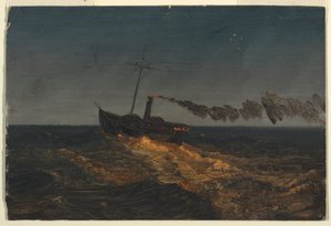 Rysunek, Parowiec wiosłowy o zmierzchu, ok. 1853 r. autorstwa Frederic Edwin Church