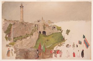 Rysunek, Parada wkraczająca do miasta, Jaffa, początek marca 1868 r. autorstwa Frederic Edwin Church