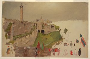 Rysunek, Parada wkraczająca do miasta, Jaffa, początek marca 1868 r. autorstwa Frederic Edwin Church