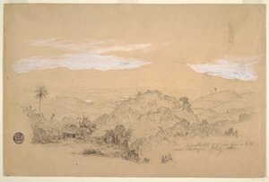 Rysunek, Wspomnienia widoku ze wzgórza w pobliżu Cartago w Kolumbii z kobietą niosącą na głowie słoik z wodą, lipiec 1853 r. autorstwa Frederic Edwin Church