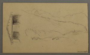 Rysunek, dachy, brama, szczyty górskie, sierpień 1868 r. autorstwa Frederic Edwin Church